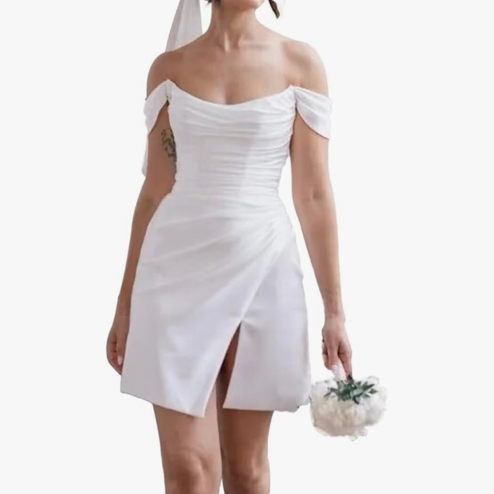 Off Shoulder Short Wedding Dress Satin Cowl Neck Mini A Line dress with Slit